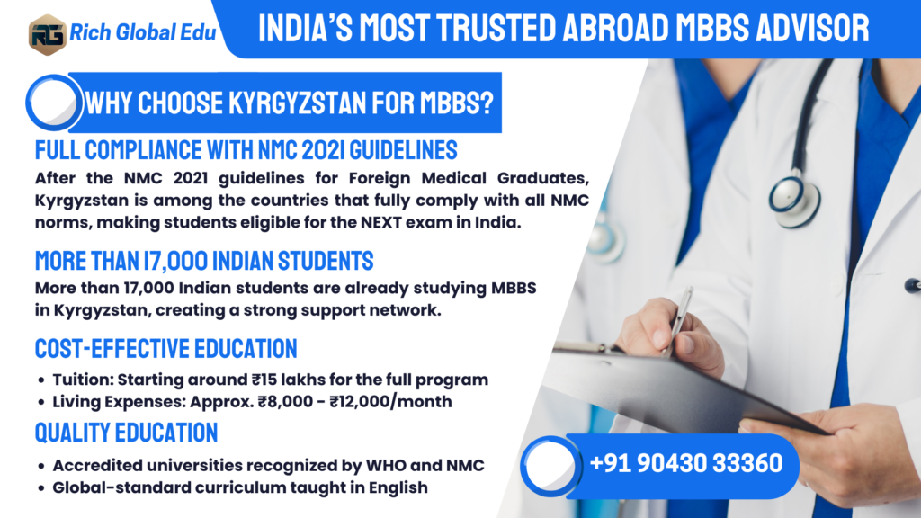 Why Study MBBS in Kyrgyzstan? Affordable and Compliant Education for Indian Students MBBS in Kyrgyzstan is increasingly popular, with more than 17,000 Indian students already studying here. Known for affordable tuition fees starting at ₹15 lakhs and living expenses between ₹15,000–20,000 per month, Kyrgyzstan offers high-quality education through NMC and WHO accredited institutions. Kyrgyzstan medical universities, such as Kyrgyz State Medical University, Asian Medical Institute, International Medical University, Avicenna Medical University, and Osh State Medical University, meet the latest NMC 2021 guidelines for foreign medical graduates, ensuring eligibility for the NEXT exam in India. Top Medical Universities and Fee Structure for Indian Students Kyrgyz State Medical University: Popular among Indian students for its curriculum and affordability. Asian Medical Institute in Kant, Kyrgyzstan: Known for low fees; Asian Medical Institute's fee structure is budget-friendly for Indian students. International Medical University, Kyrgyzstan: Offers competitive fees in Indian Rupees and a supportive environment for foreign students. Avicenna Medical University: Another affordable option with a reliable fee structure for MBBS. These institutions offer English-medium courses and are among the top 5 medical universities in Kyrgyzstan based on popularity and affordability. Many students search for “cheapest medical university in Kyrgyzstan,” and Asian Medical Institute frequently tops the list due to its competitive fee structure. MBBS Fees in Kyrgyzstan in Indian Rupees For Indian students, understanding the Kyrgyzstan MBBS fees is crucial. Many universities offer a transparent MBBS fee structure that covers tuition, hostel fees, and other essential expenses. The Kyrgyzstan MBBS fee structure is considered one of the most economical options for aspiring medical students. You can check specific universities like Asian Medical University Kyrgyzstan or ISM Kyrgyzstan fee structure to plan your budget accordingly. By choosing Kyrgyzstan for MBBS, Indian students benefit from affordable education in a foreign country that aligns with India’s medical standards. With low costs, a supportive community, and NMC-compliant programs, studying MBBS in Kyrgyzstan has become an attractive option.