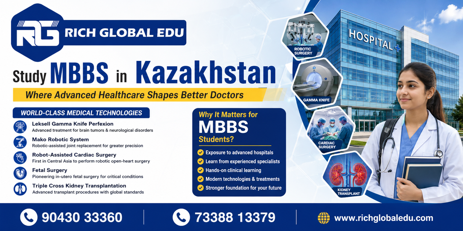 MBBS in Kazakhstan banner showcasing advanced healthcare technologies including robotic surgery, Gamma Knife treatment, cardiac surgery, kidney transplantation, modern hospitals, and clinical training opportunities for international medical students.