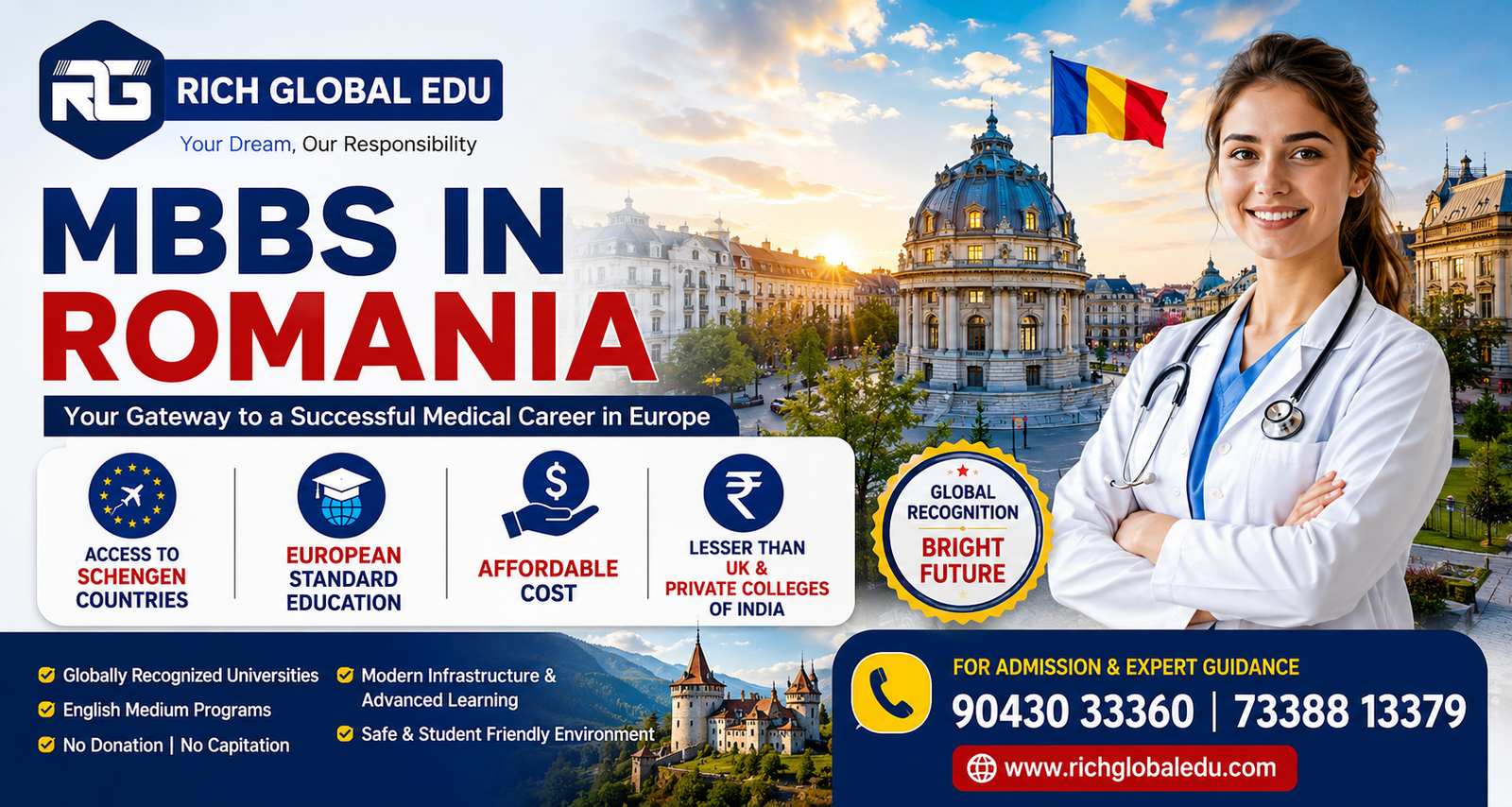 MBBS in Romania banner by Rich Global Edu featuring European-standard medical education, affordable tuition fees, Schengen access, and study abroad opportunities for Indian students.