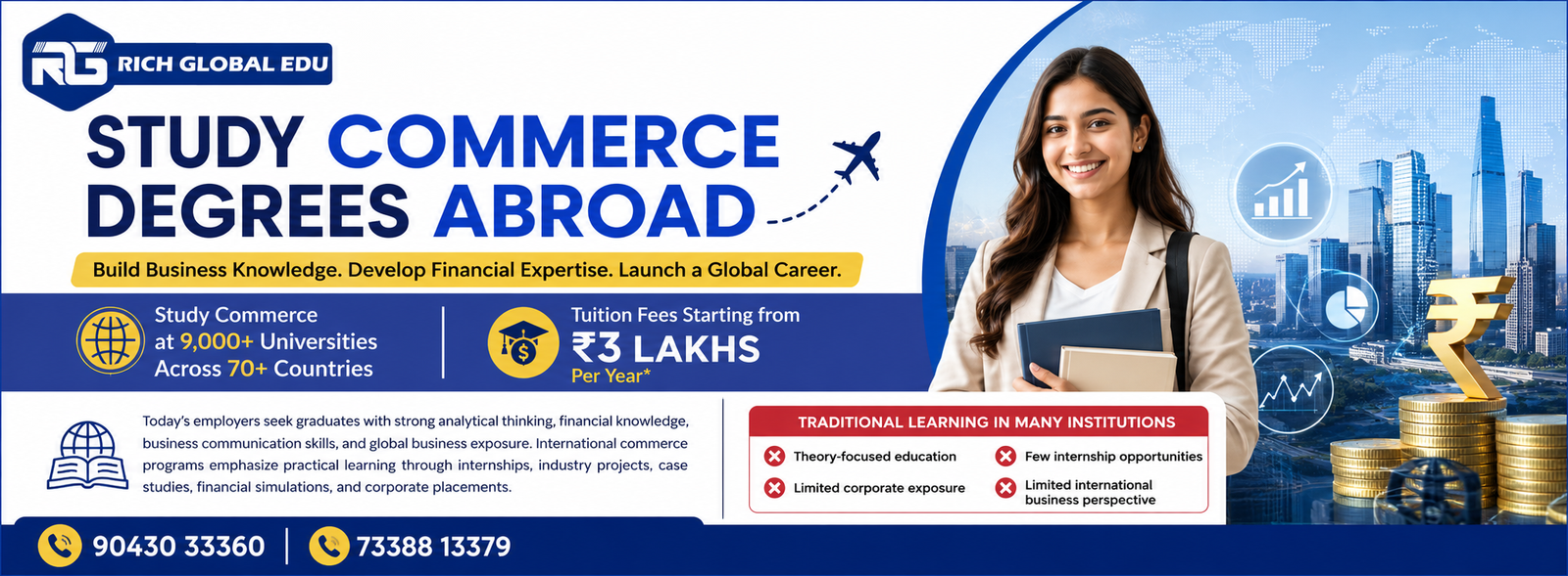 Indian commerce student promoting study abroad opportunities in business, finance, accounting, and commerce degrees at international universities with Rich Global Edu.