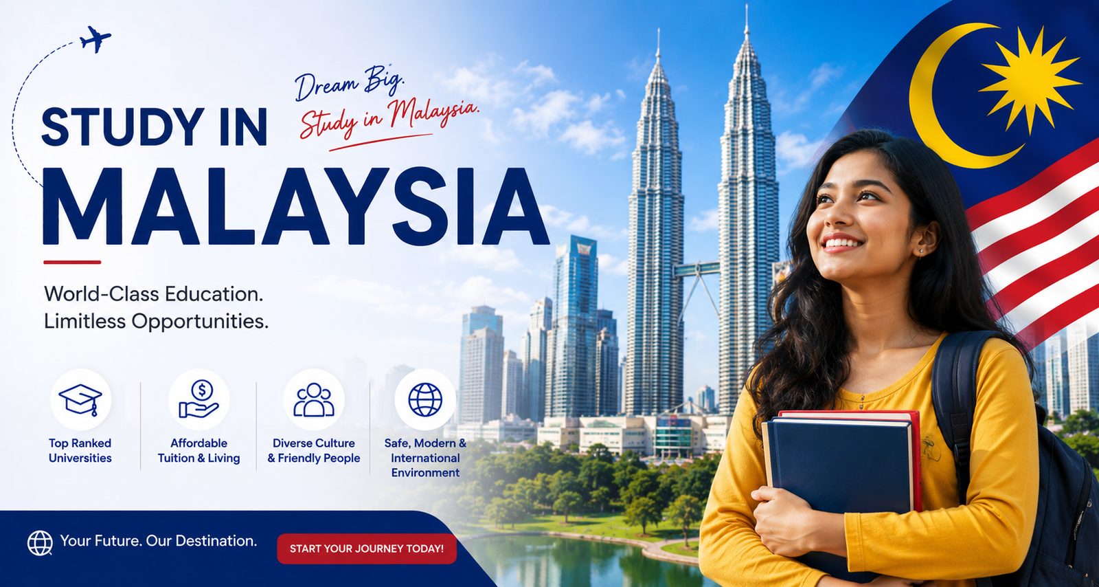 Indian female student smiling with books in front of the Petronas Twin Towers and Malaysian flag promoting study in Malaysia for international students.