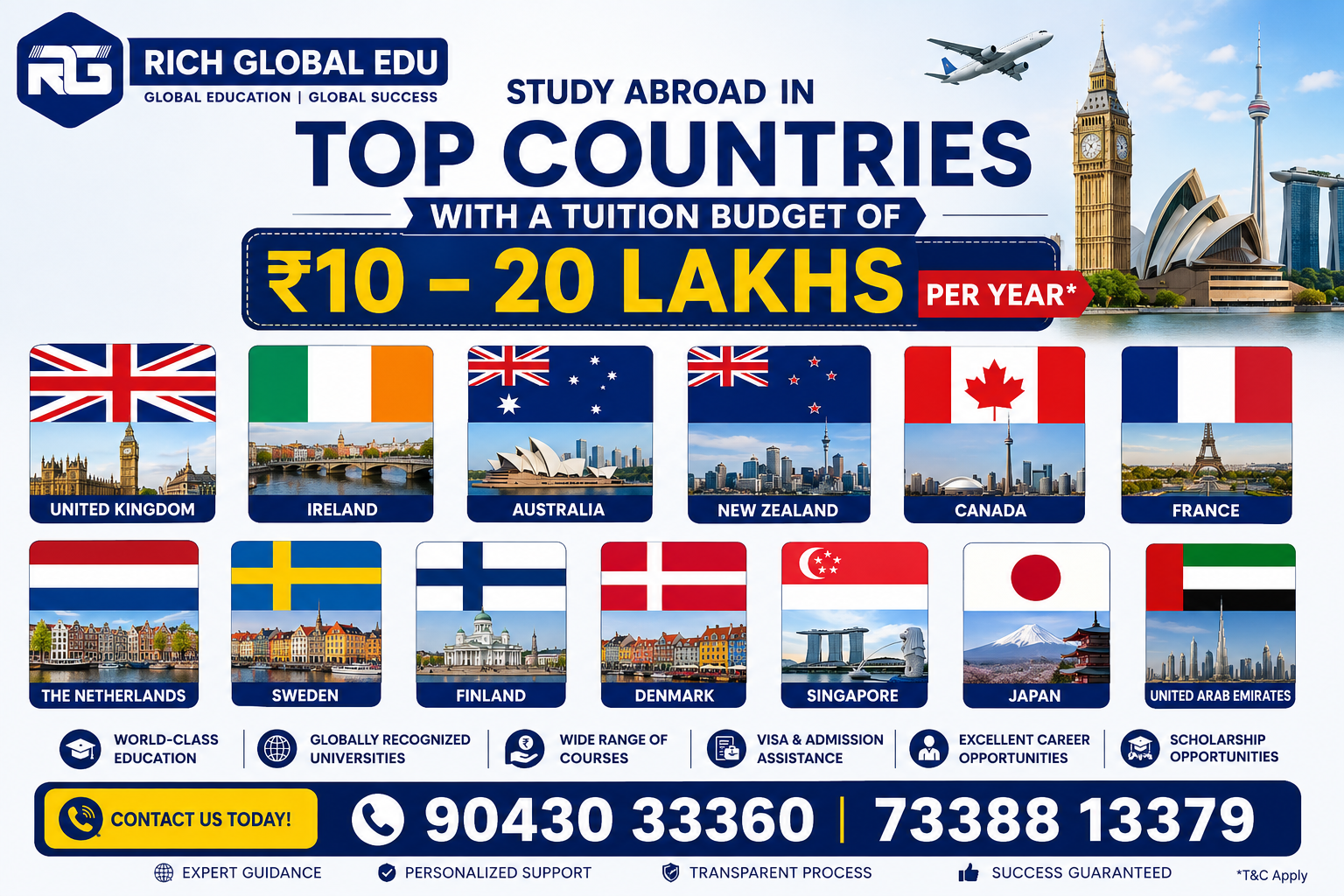 Study abroad banner by Rich Global Edu featuring the flags of the United Kingdom, Ireland, Australia, New Zealand, Canada, France, the Netherlands, Sweden, Finland, Denmark, Singapore, Japan, and the United Arab Emirates with tuition budgets ranging from ₹10–20 Lakhs per year.
