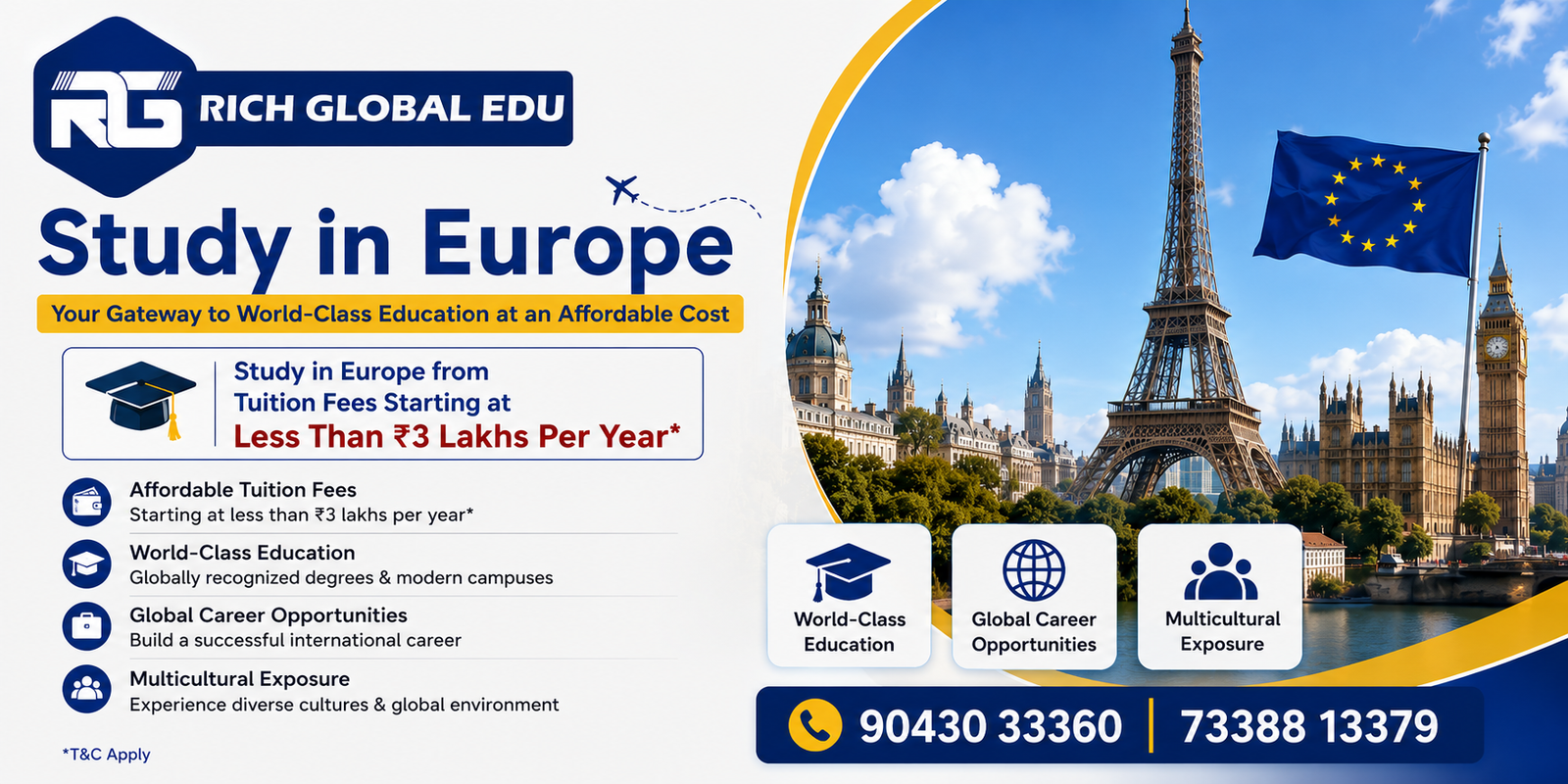 Study in Europe with Rich Global Edu – Affordable international education with tuition fees starting from less than ₹3 Lakhs per year, world-class universities, global career opportunities, and admission guidance.