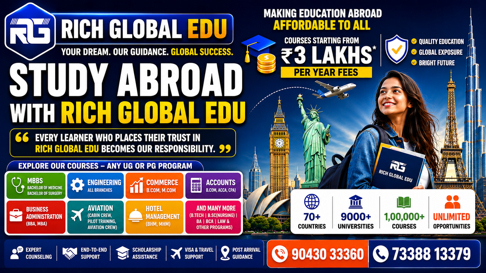 Rich Global Edu Study Abroad banner offering MBBS, Engineering, Commerce, Hotel Management, Aviation and Business Administration programs with affordable international education from ₹3 lakhs per year.