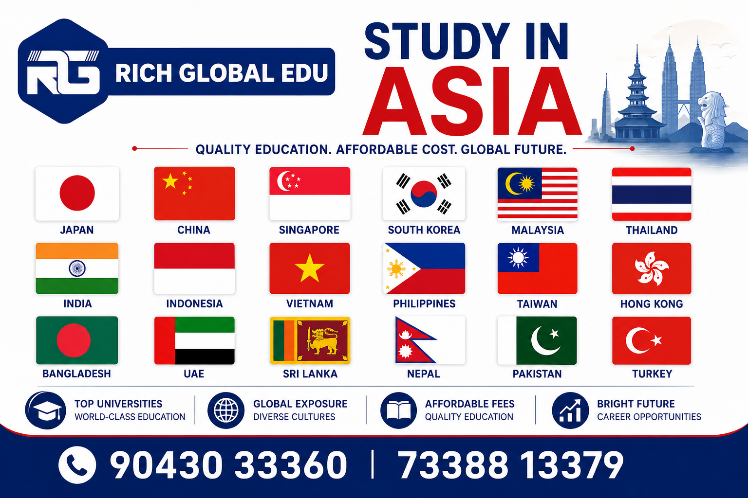 Study in Asia banner by Rich Global Edu featuring Asian country flags, top study destinations, and overseas education guidance with contact numbers.