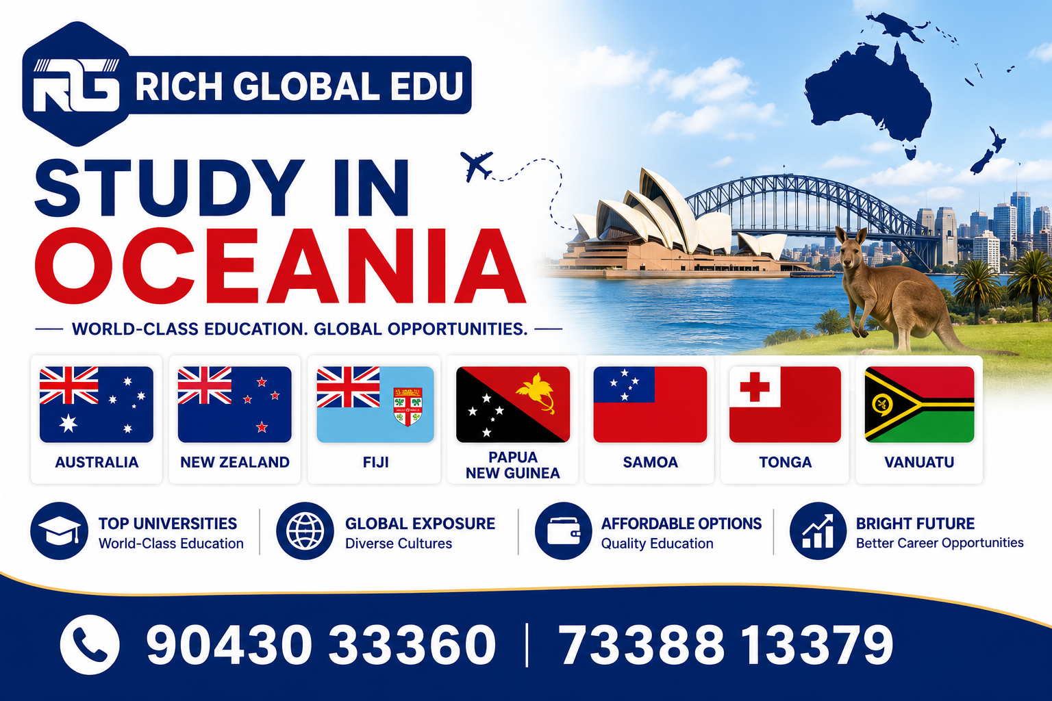 Study in Oceania banner by Rich Global Edu featuring Oceania country flags including Australia, New Zealand, Fiji, Papua New Guinea, Samoa, Tonga, and Vanuatu with overseas education guidance.