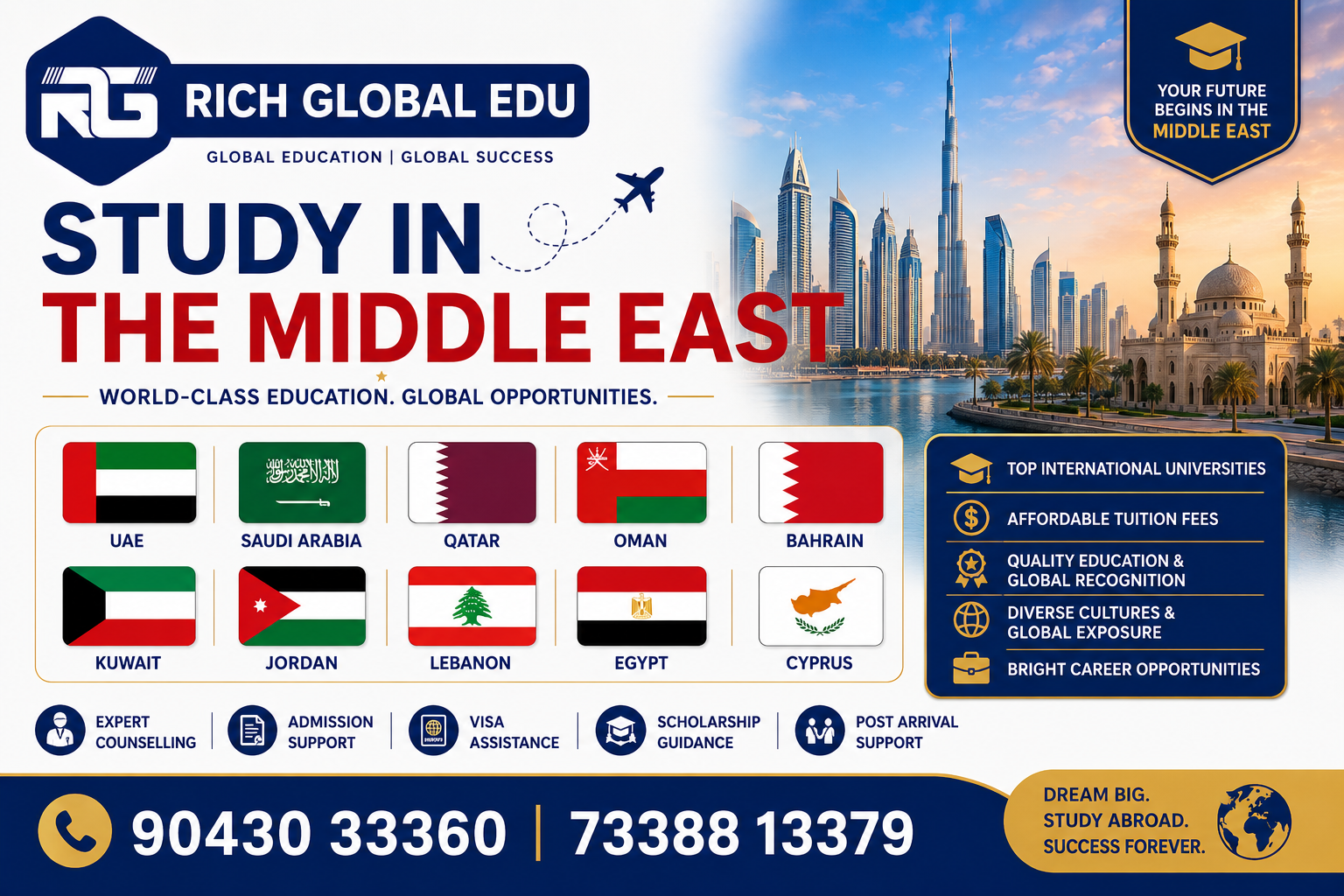 Study in the Middle East banner by Rich Global Edu featuring Middle Eastern country flags, top study destinations, and overseas education guidance with contact details.