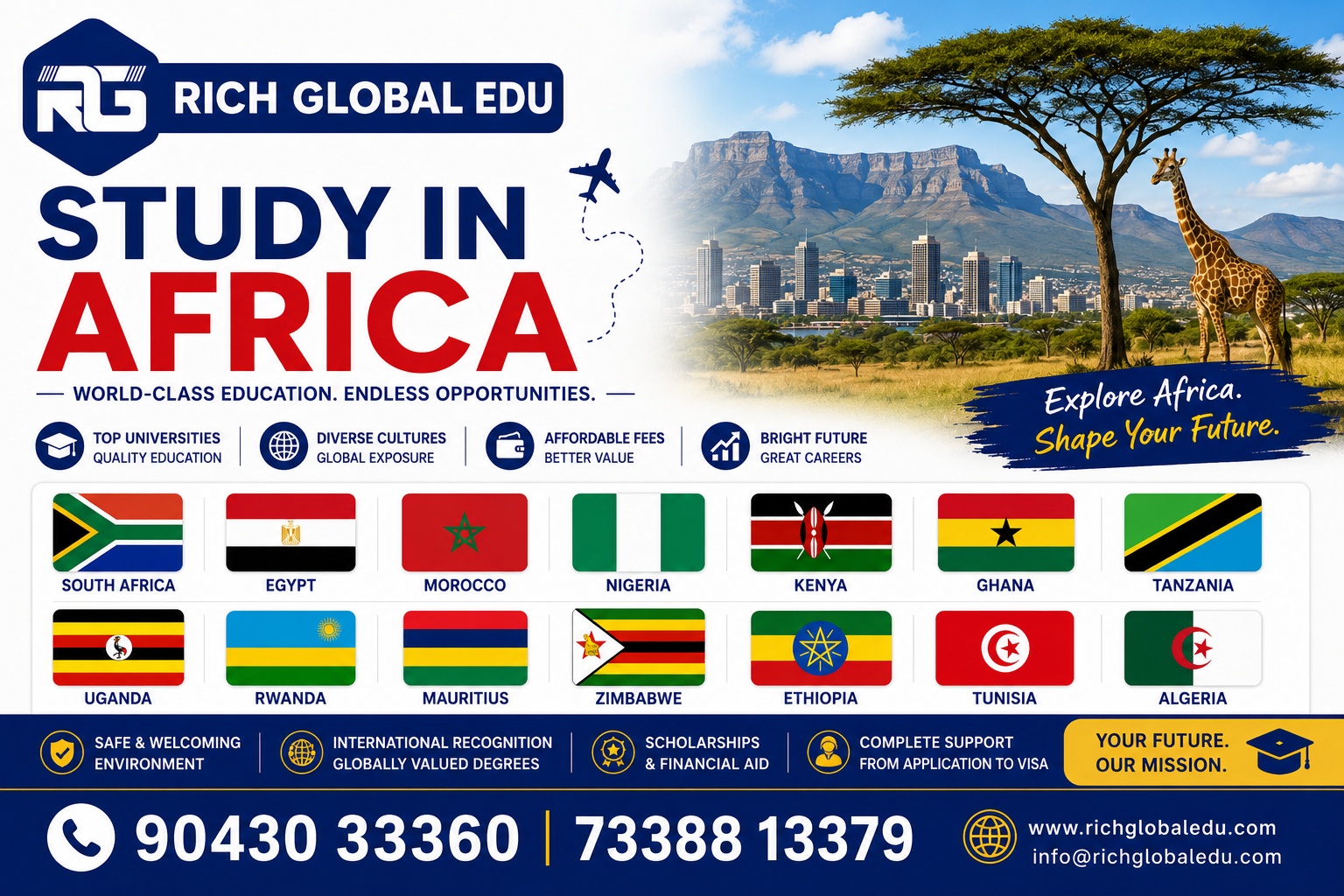 Study in Africa banner by Rich Global Edu featuring African country flags, top study destinations, and overseas education guidance with contact numbers.