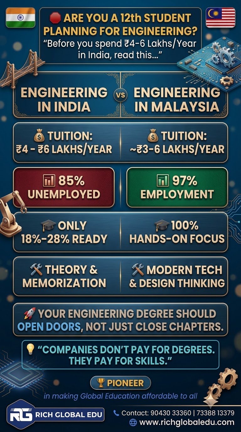 Engineering education comparison between India and Malaysia highlighting tuition fees, employability, practical skills, and career opportunities.