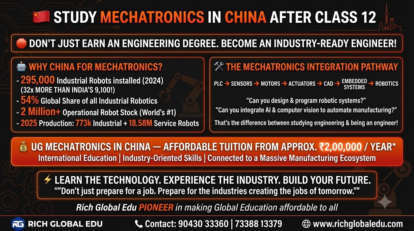 Study Mechatronics in China after Class 12 with affordable tuition and industry-oriented engineering education focused on robotics, automation, artificial intelligence, programming, and advanced manufacturing technologies.