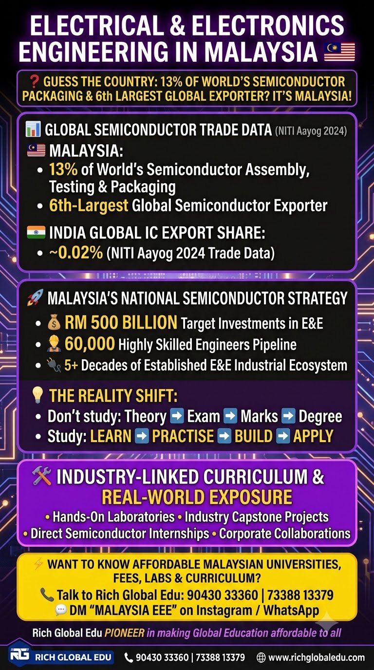 Study Electrical and Electronics Engineering in Malaysia and gain exposure to the country’s established semiconductor and E&E ecosystem, with practical learning, laboratories, industry projects, internships, and industry collaboration.