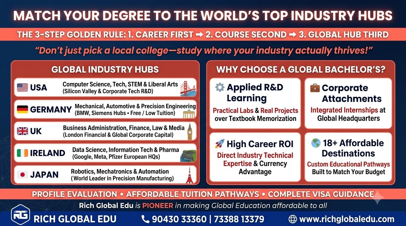 Guide for Class 12 students and parents comparing countries for undergraduate study based on course strengths, including Computer Science in the USA, Mechanical Engineering in Germany, Business and Finance in the UK, Data Science and IT in Ireland, and Robotics and Mechatronics in Japan.