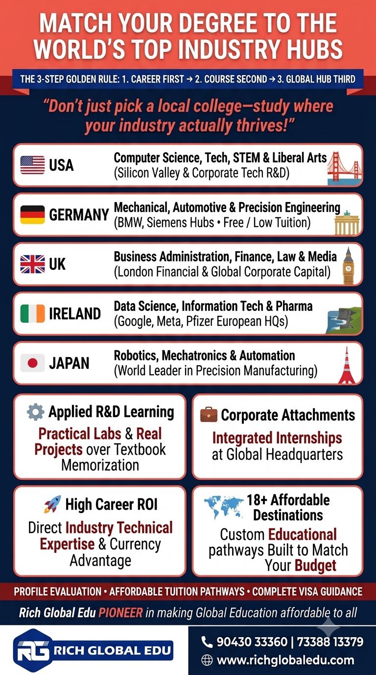 Guide for Class 12 students and parents comparing countries for undergraduate study based on course strengths, including Computer Science in the USA, Mechanical Engineering in Germany, Business and Finance in the UK, Data Science and IT in Ireland, and Robotics and Mechatronics in Japan.