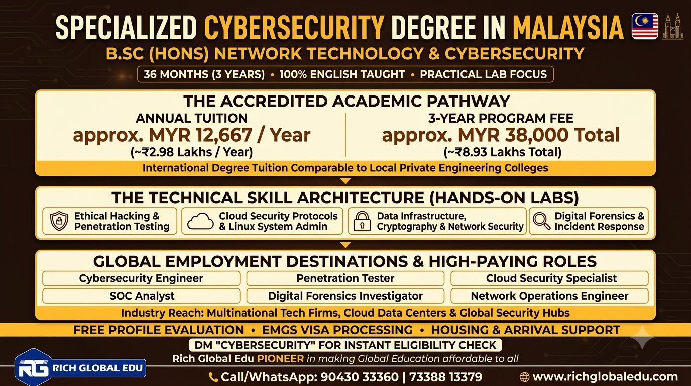 Study Bachelor of Computer Science (Honours) in Network Technology and Cybersecurity at Lincoln University College, Malaysia. Explore a 3-year undergraduate degree after Class 12 covering network security, ethical hacking, digital forensics, cloud security, and cybersecurity career pathways.