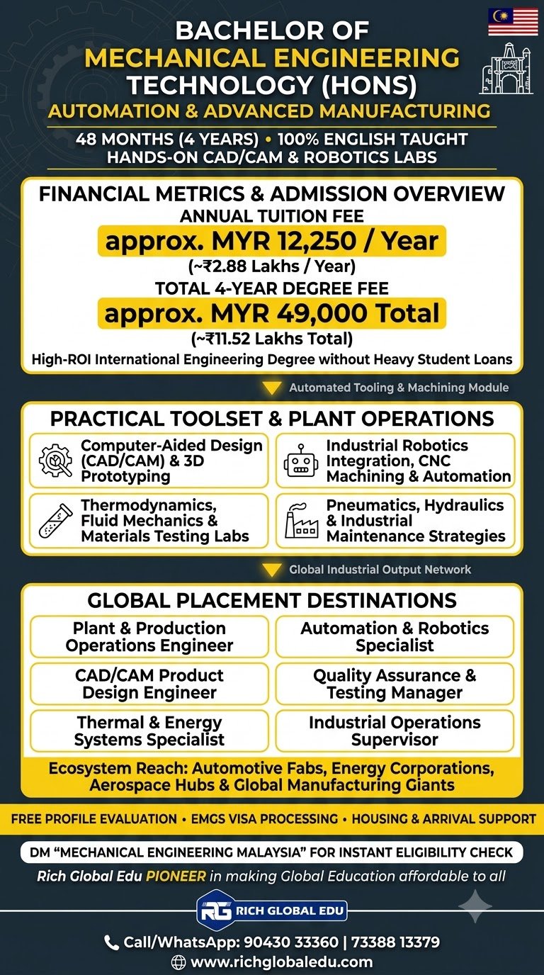 Study Bachelor of Mechanical Engineering Technology with Honours at Lincoln University College, Malaysia. Explore a 4-year undergraduate degree after Class 12 covering mechanical design, robotics, automation, thermodynamics, manufacturing processes, CAD/CAM, and industrial engineering.